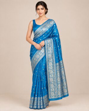 Banarasi silk saree with self-woven design, zari border and rich pallu, shown in multiple colourways with matching contrast blouse.