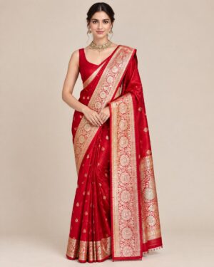 Banarasi silk saree with self-woven design, zari border and rich pallu, shown in multiple colourways with matching contrast blouse.