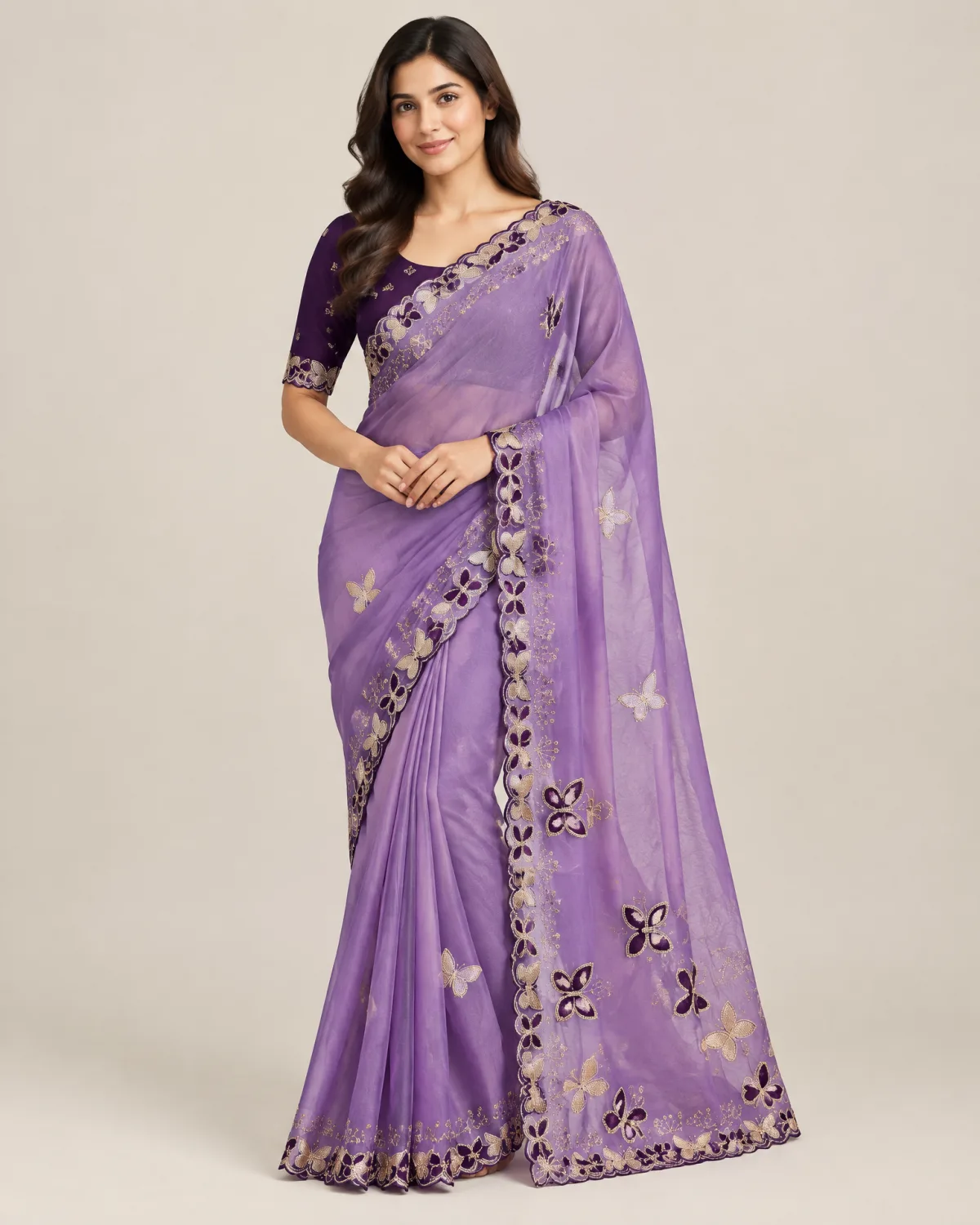 Embroidered Georgette Saree With Blouse Lavender main Embroidered georgette saree with matching running blouse shown in multiple colours