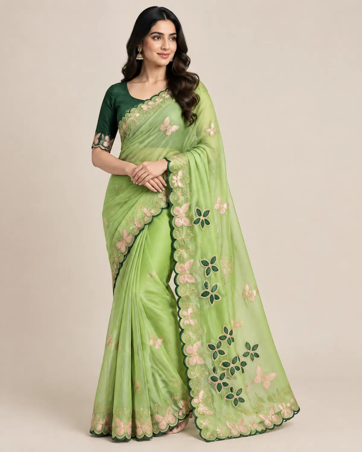 Embroidered Georgette Saree With Blouse Light Green main Embroidered georgette saree with matching running blouse shown in multiple colours