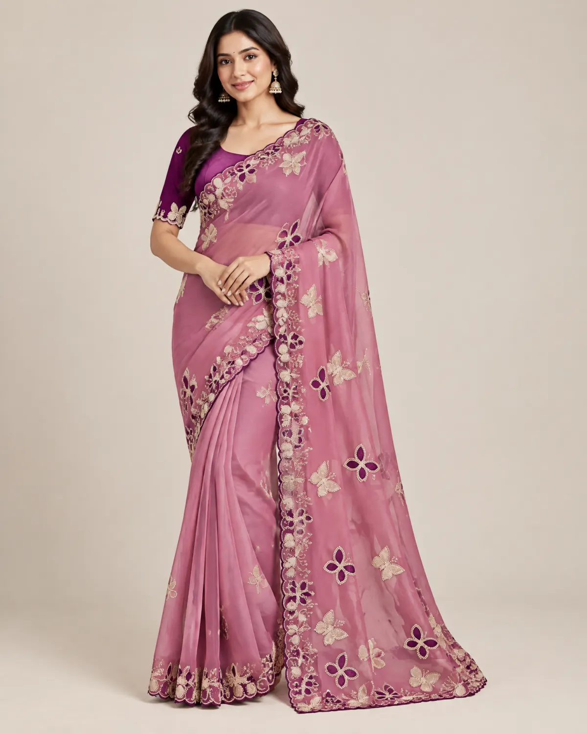 Embroidered Georgette Saree With Blouse Pink main Embroidered georgette saree with matching running blouse shown in multiple colours