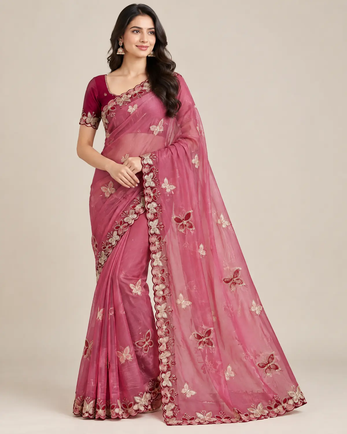 Embroidered Georgette Saree With Blouse Rose Pink main Embroidered georgette saree with matching running blouse shown in multiple colours
