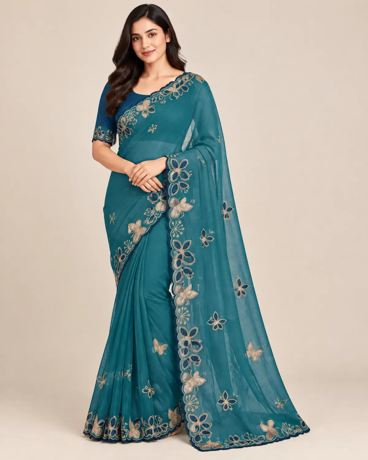 Embroidered Georgette Saree With Blouse Teal main Embroidered georgette saree with matching running blouse shown in multiple colours