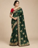 Embroidered silk saree with floral motifs and contrast blouse piece in multiple colours