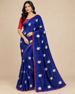 Embroidered silk saree with floral motifs and contrast blouse piece in multiple colours