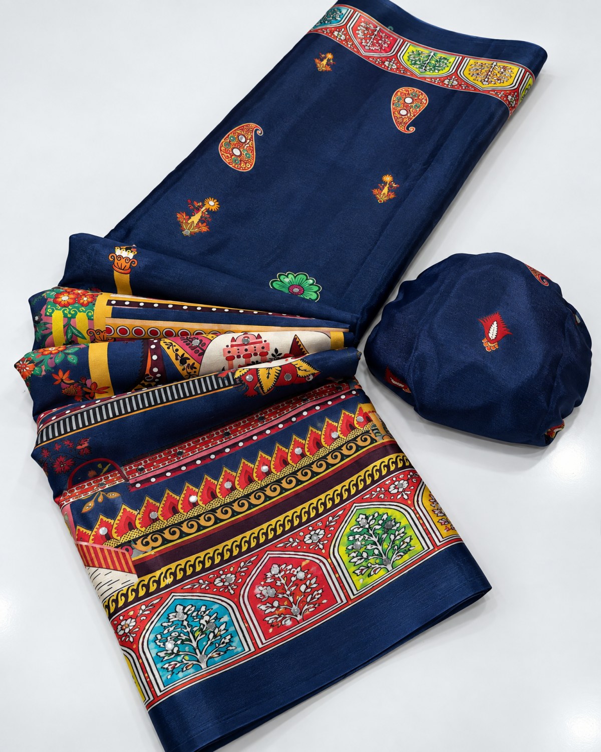 Heavy Chinon Digital Print Saree Dark Navy gallery 2 Heavy chinon saree with digital print and mirror work shown in multiple colour variations with matching blouse piece and pallu.