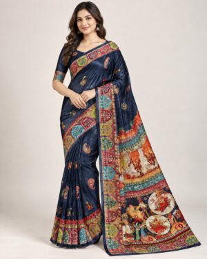 Heavy chinon saree with digital print and mirror work shown in multiple colour variations with matching blouse piece and pallu.