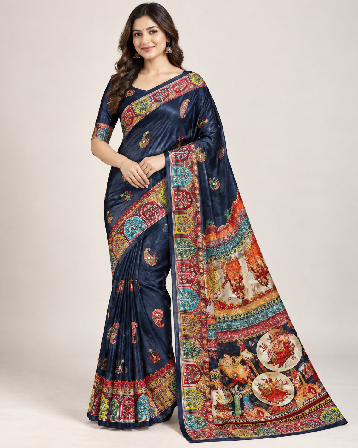Heavy Chinon Digital Print Saree Dark Navy main Heavy chinon saree with digital print and mirror work shown in multiple colour variations with matching blouse piece and pallu.
