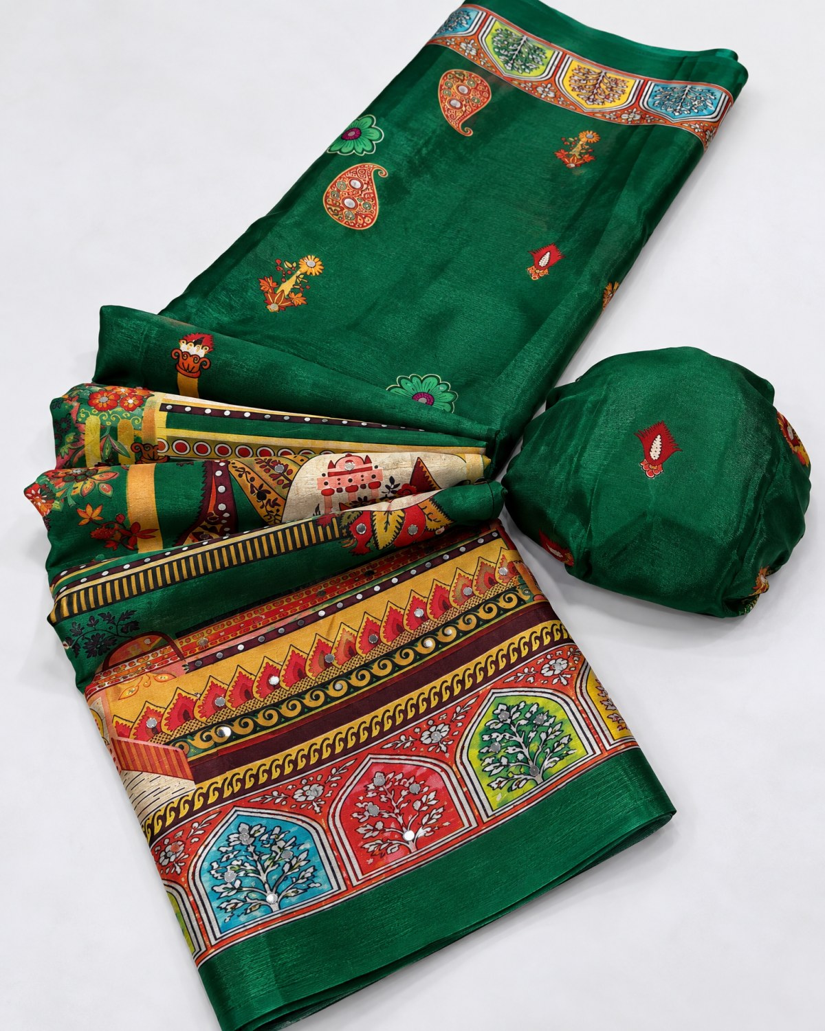 Heavy Chinon Digital Print Saree Green gallery 2 Heavy chinon saree with digital print and mirror work shown in multiple colour variations with matching blouse piece and pallu.