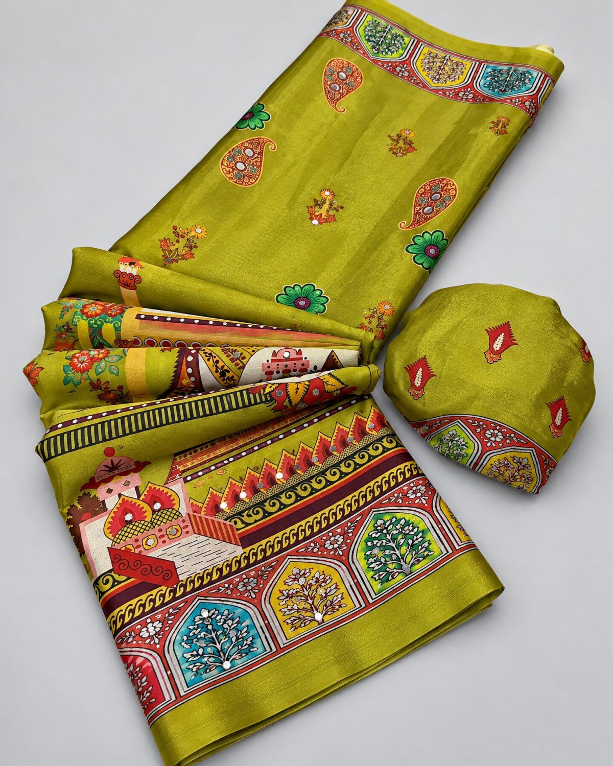Heavy Chinon Digital Print Saree Olive gallery 1 Heavy chinon saree with digital print and mirror work shown in multiple colour variations with matching blouse piece and pallu.