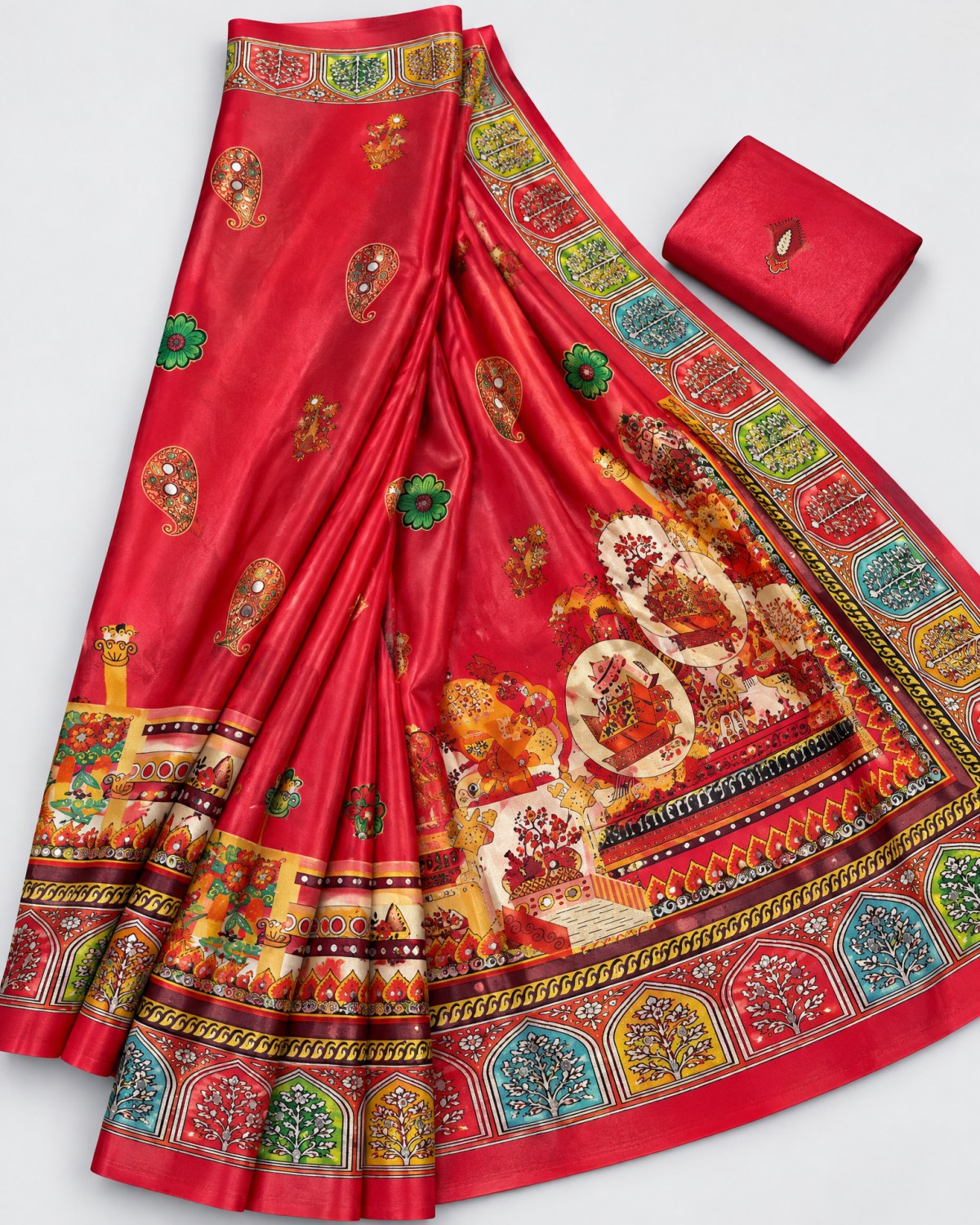 Heavy Chinon Digital Print Saree Red gallery 1 Heavy chinon saree with digital print and mirror work shown in multiple colour variations with matching blouse piece and pallu.