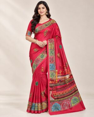 Heavy chinon saree with digital print and mirror work shown in multiple colour variations with matching blouse piece and pallu.