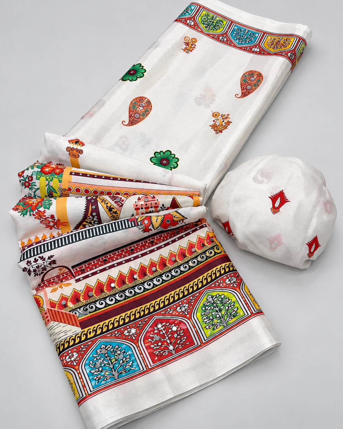 Heavy Chinon Digital Print Saree White gallery 1 Heavy chinon saree with digital print and mirror work shown in multiple colour variations with matching blouse piece and pallu.