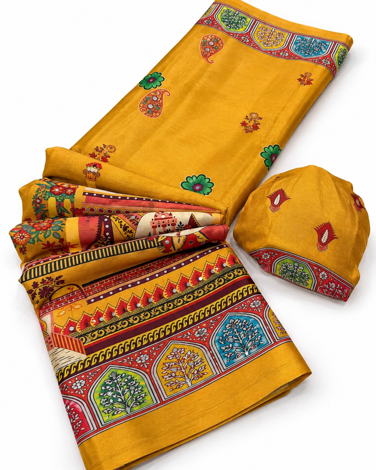Heavy Chinon Digital Print Saree Yellow gallery 2 Heavy chinon saree with digital print and mirror work shown in multiple colour variations with matching blouse piece and pallu.
