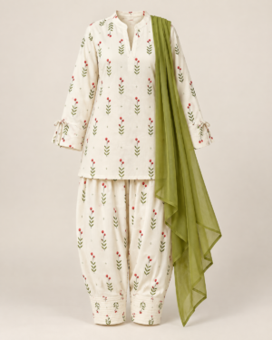 Printed Farshi salwar suit set with cream top and bottoms and olive-green dupatta