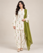 Printed Farshi salwar suit set with cream top and bottoms and olive-green dupatta