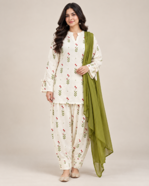 Printed Farshi salwar suit set with cream top and bottoms and olive-green dupatta