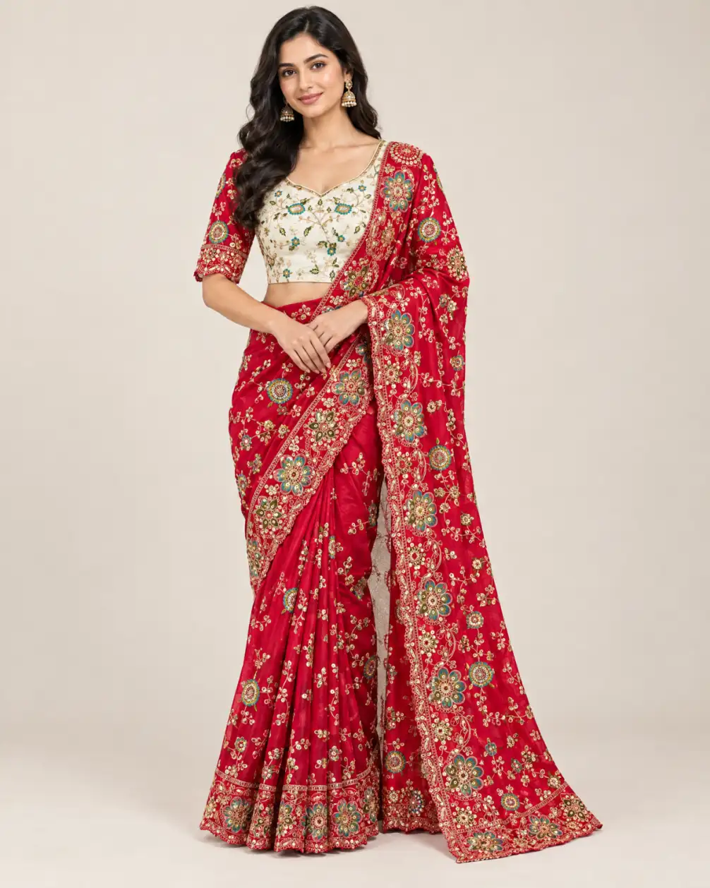 Embroidered Rangoli Silk Saree Set Cream And Red main Embroidered Rangoli silk saree set with matching stitched blouse and cut-work lace border in multiple colourways.