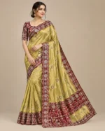 Embroidered Rangoli silk saree set with matching stitched blouse and cut-work lace border in multiple colourways.
