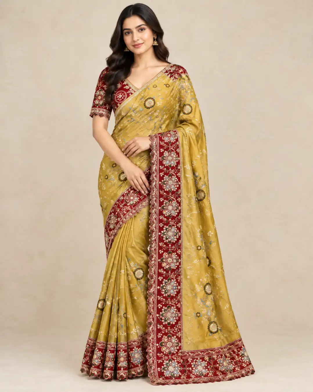 Embroidered Rangoli Silk Saree Set Mustard And Red main Embroidered Rangoli silk saree set with matching stitched blouse and cut-work lace border in multiple colourways.