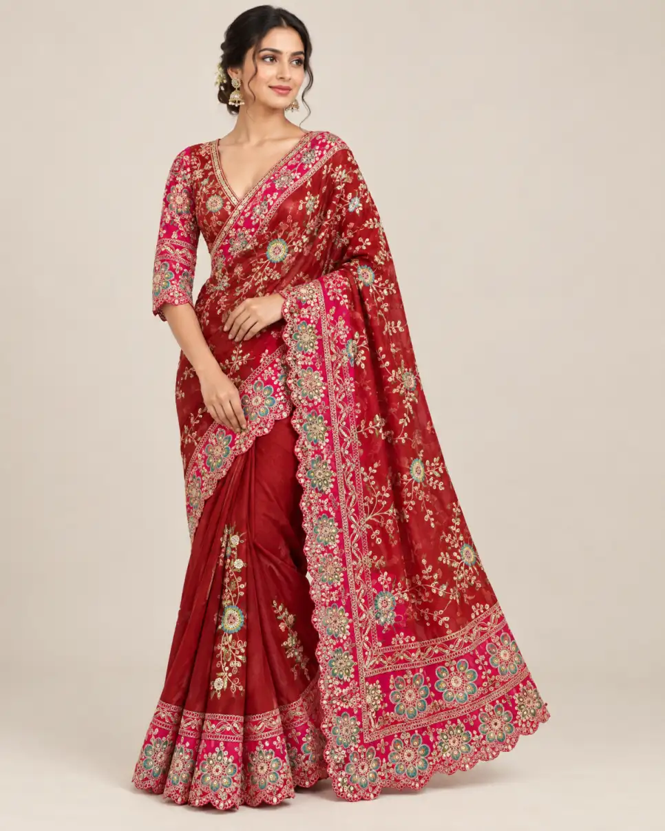 Embroidered Rangoli Silk Saree Set Pink And Red main Embroidered Rangoli silk saree set with matching stitched blouse and cut-work lace border in multiple colourways.