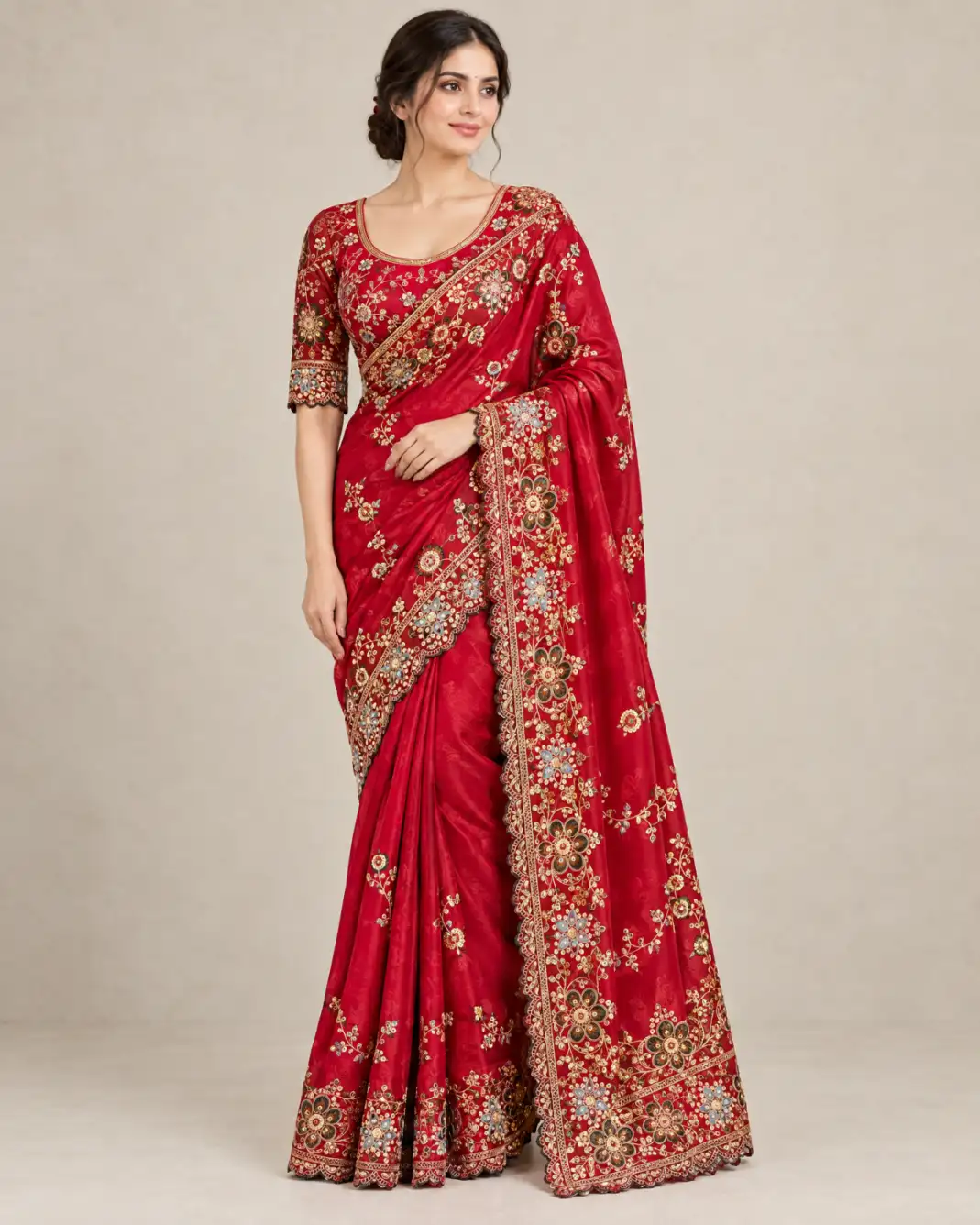 Embroidered Rangoli Silk Saree Set Red main Embroidered Rangoli silk saree set with matching stitched blouse and cut-work lace border in multiple colourways.