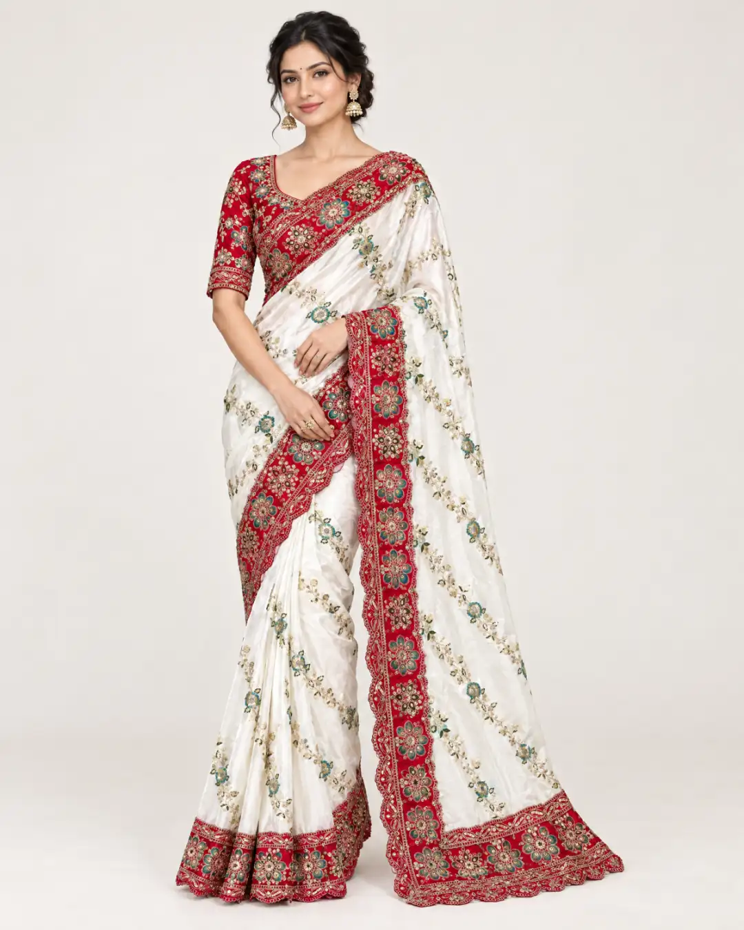 Embroidered Rangoli Silk Saree Set White And Red main Embroidered Rangoli silk saree set with matching stitched blouse and cut-work lace border in multiple colourways.