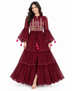 Maroon embroidered long kurti with balloon sleeves and front slit