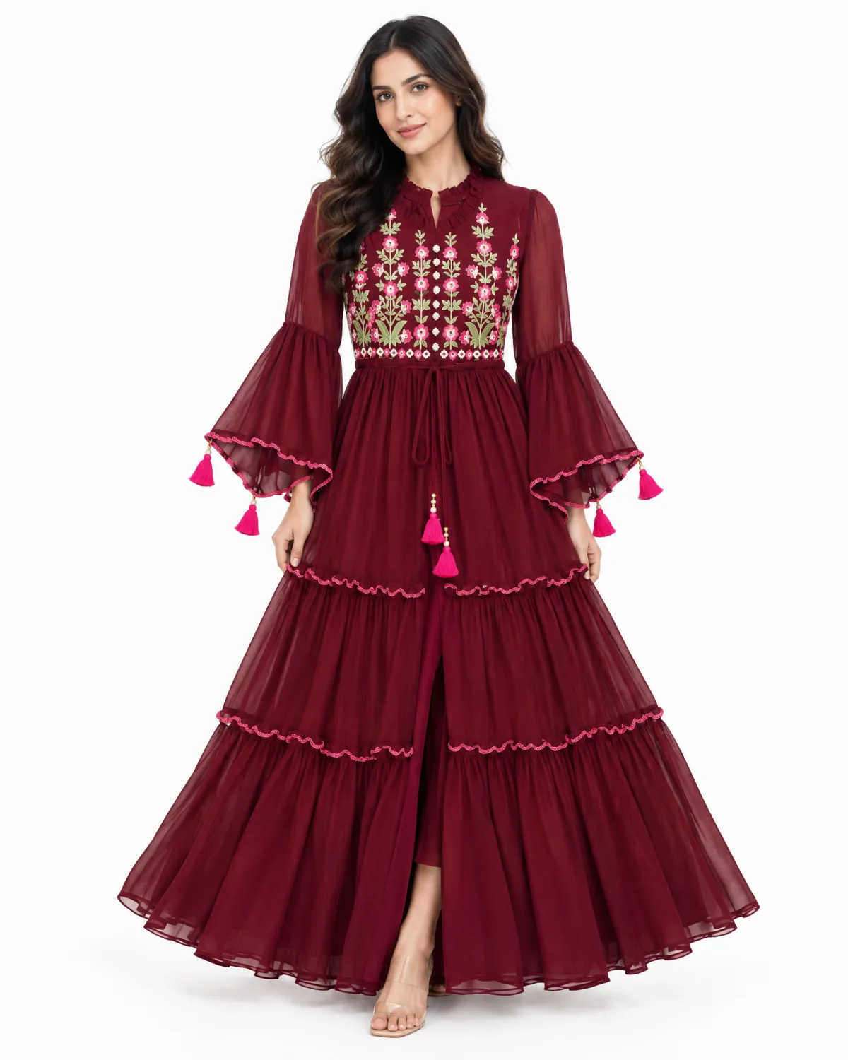 Kurti With Front Slit Maroon main Maroon embroidered long kurti with balloon sleeves and front slit