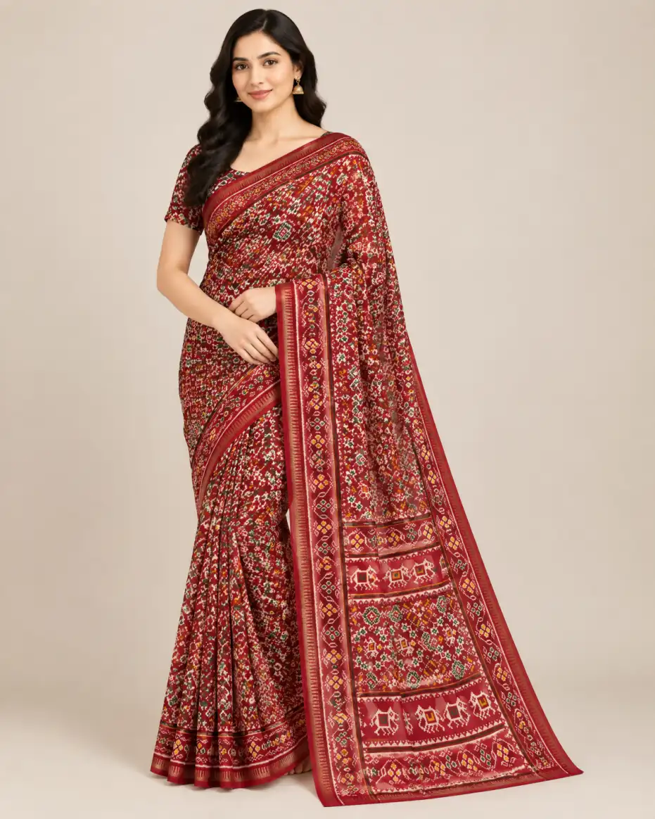 Saree Red Georgette Uniform Print main Red georgette saree with all-over uniform print and matching blouse piece.