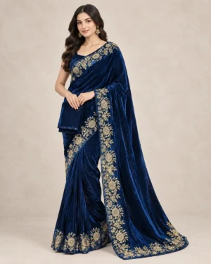 Embroidered viscose velvet saree with ornate sequins and zari dori border, shown in green, blue, and red colourways with matching blouse fabric.