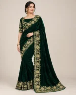 Embroidered viscose velvet saree with ornate sequins and zari dori border, shown in green, blue, and red colourways with matching blouse fabric.