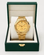 Versace wristwatch with Medusa bezel shown in gold-tone and silver-tone finishes.