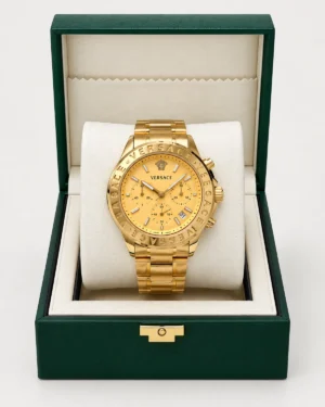 Versace wristwatch with Medusa bezel shown in gold-tone and silver-tone finishes.