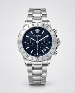 Versace wristwatch with Medusa bezel shown in gold-tone and silver-tone finishes.